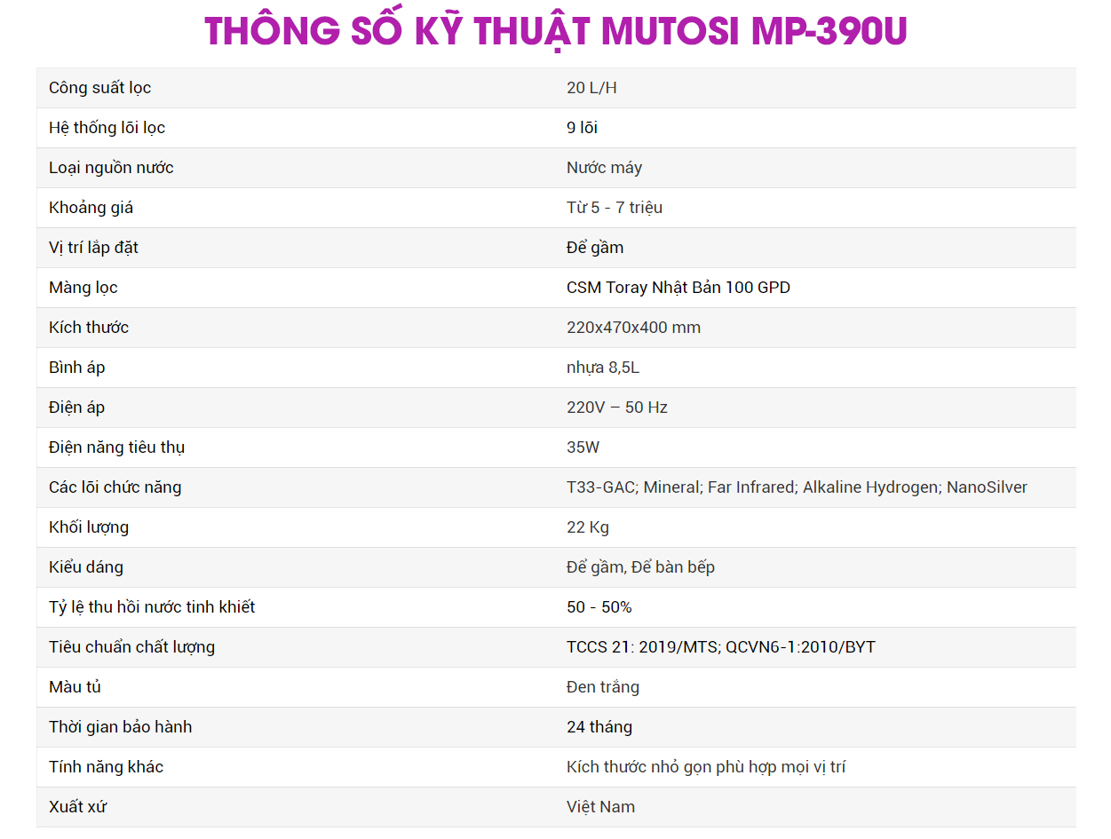 THÔNG SỐ KỸ THUẬT MUTOSI MP-390U