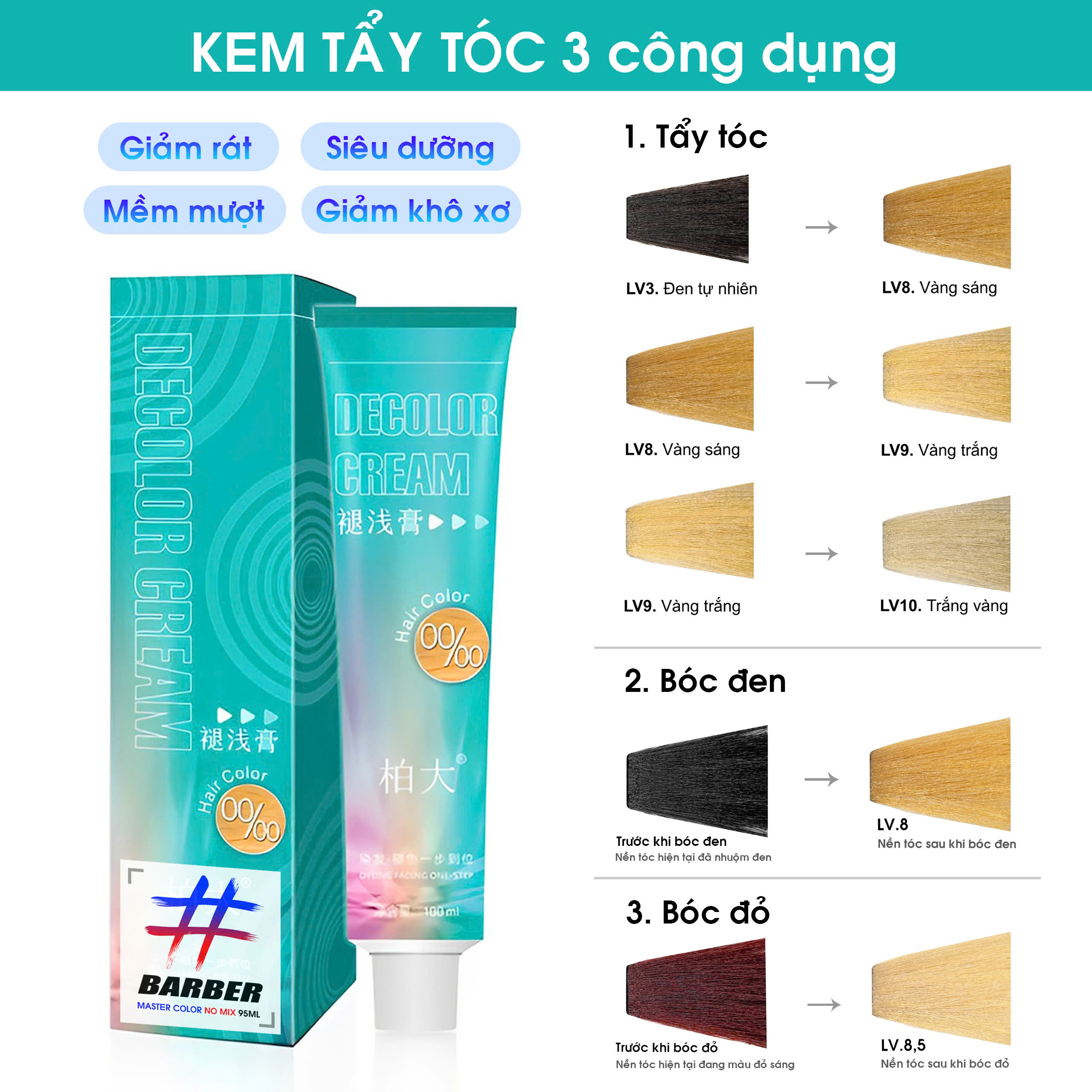 Kem Tẩy Barber Master 3in1 Siêu Sáng Mềm Mượt Giảm Khô Xơ 100ml