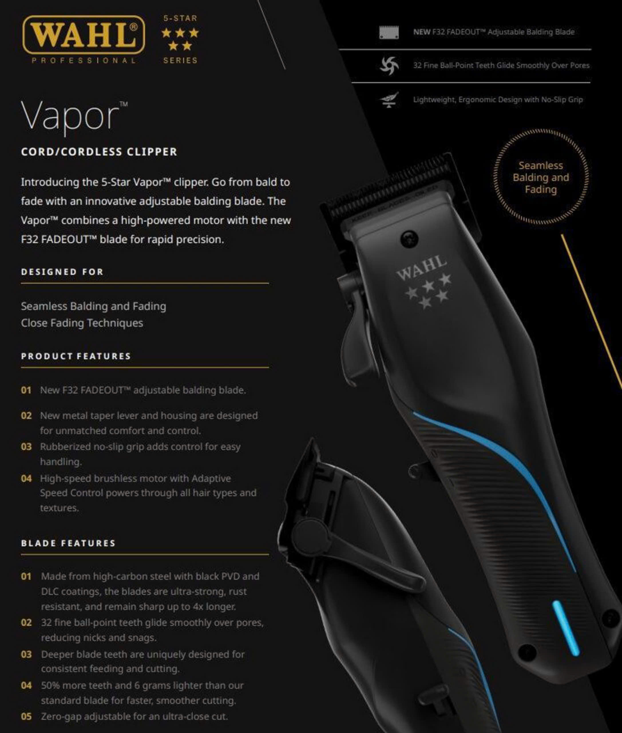 Tông Đơ Pin Cắt Tóc WAHL Vapor F32 Fade Chính Hãng USA