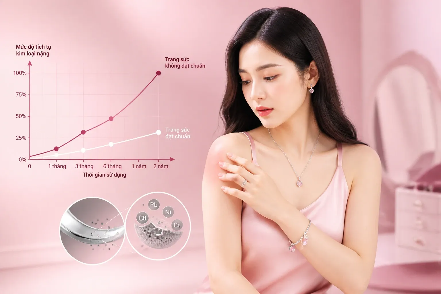 Đồ thị mô phỏng sự tích tụ kim loại nặng trong cơ thể khi sử dụng trang sức không đạt chuẩn