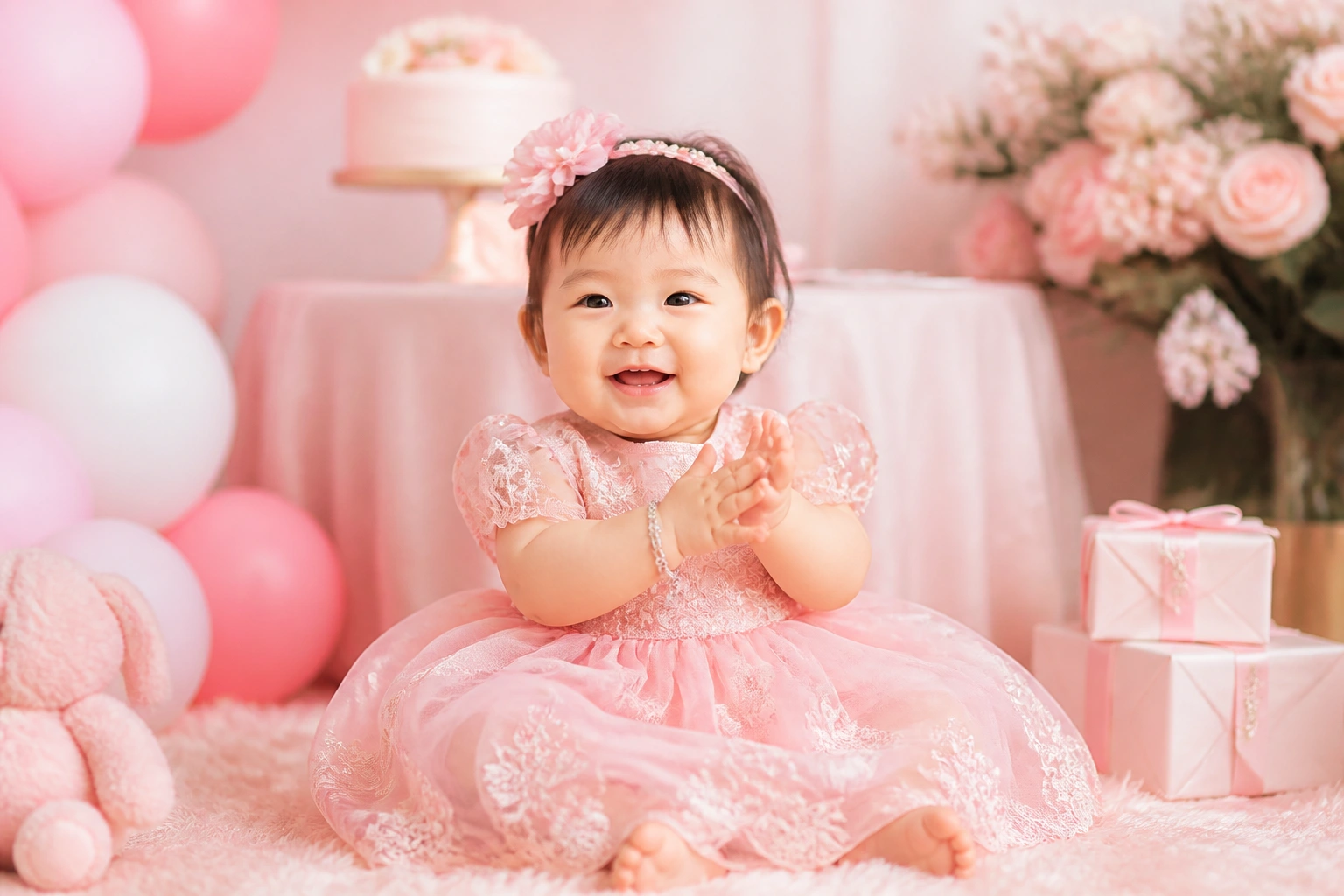 Bé yêu trong lễ thôi nôi đeo lắc bạc DNJ Silver