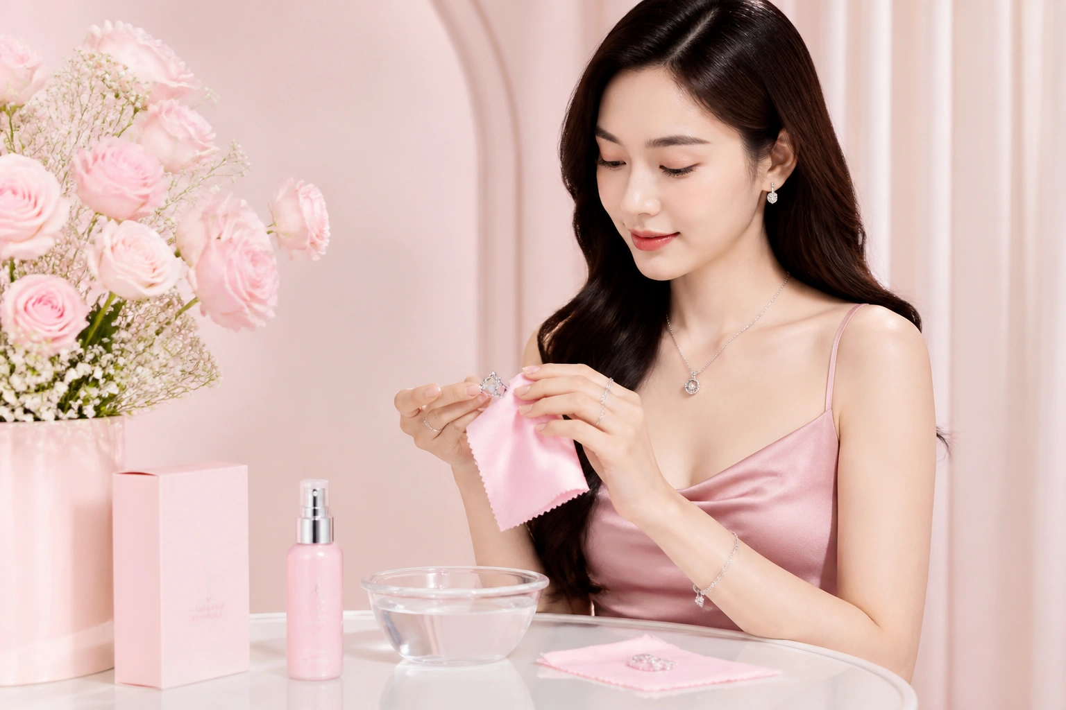 Bộ sản phẩm khăn lau và nước rửa trang sức chuyên dụng tại DNJ Silver