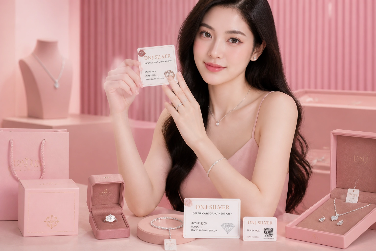 Bộ sưu tập trang sức bạc DNJ Silver với đầy đủ tem mác và chứng nhận độ tinh khiết