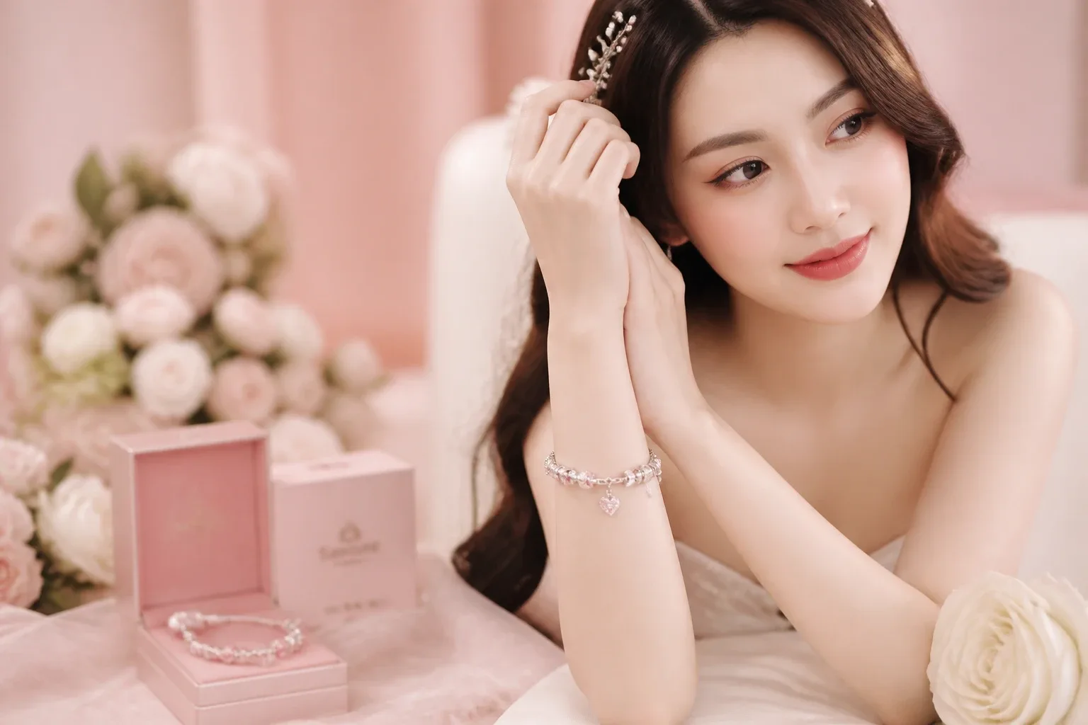Bộ vòng tay charm bạc S925 tinh khôi dành cho cô dâu trong ngày cưới