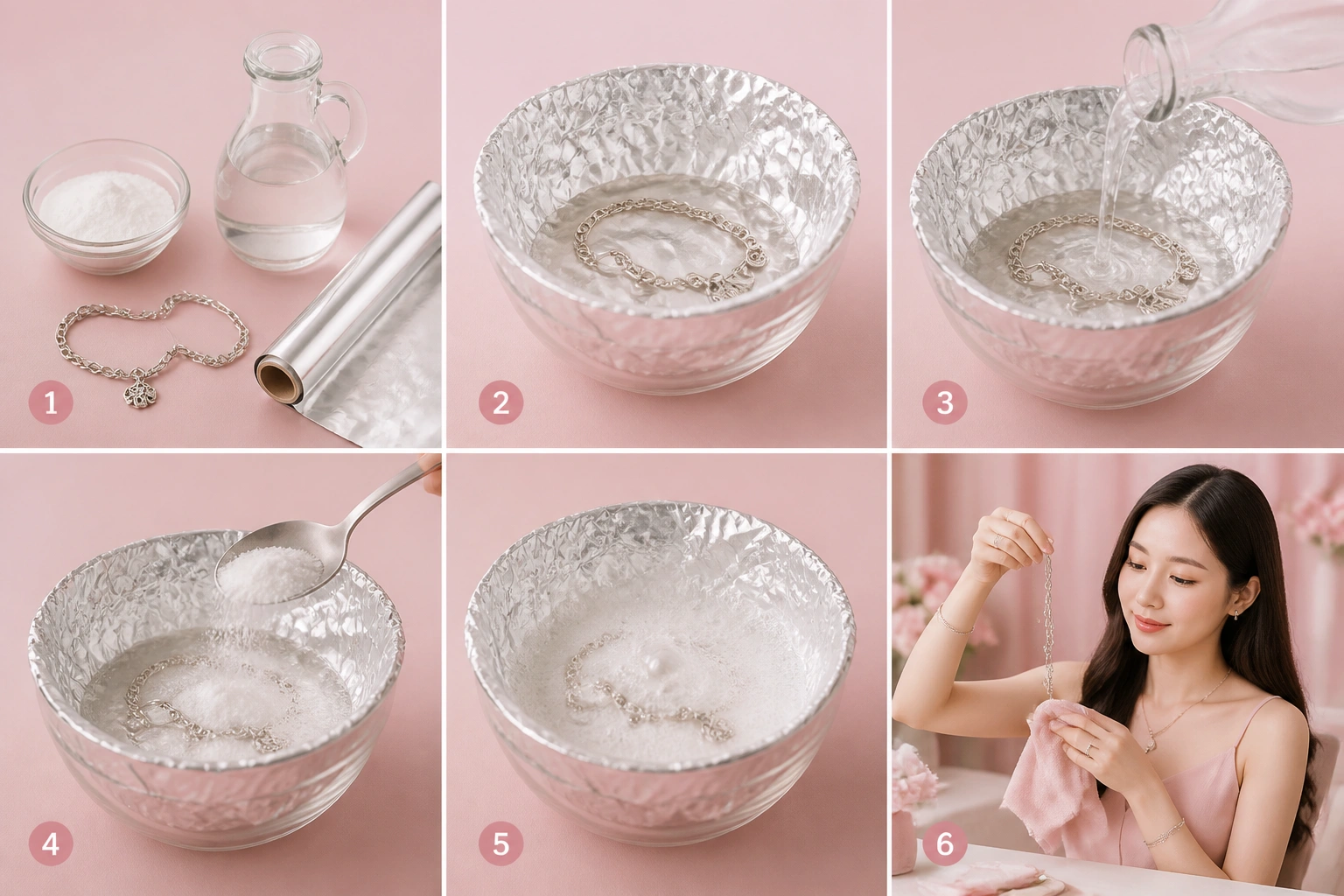 Các bước thực hiện ngâm bạc với hỗn hợp baking soda, giấm và giấy nhôm
