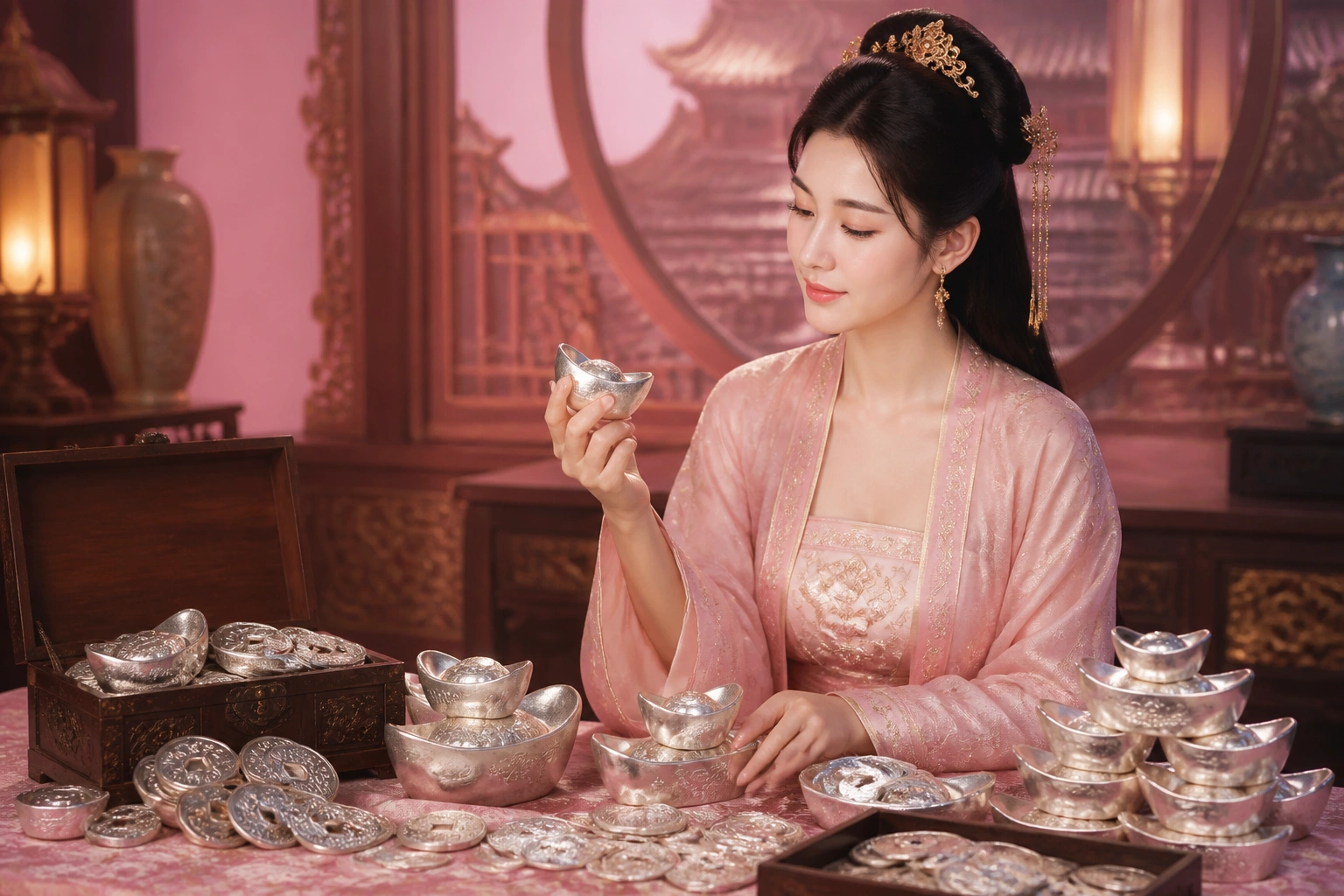 Các khối bạc nén và đồng tiền bạc cổ đại trong cung điện trung hoa