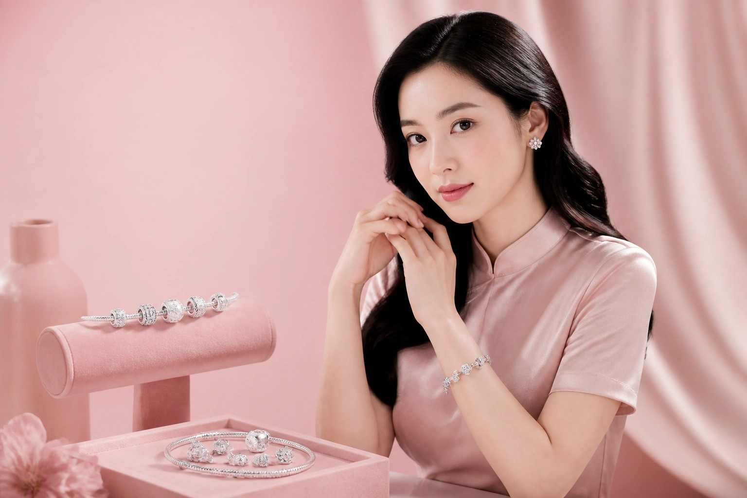 Các mẫu hạt charm đá trắng và bạc trơn phù hợp với đồ lụa