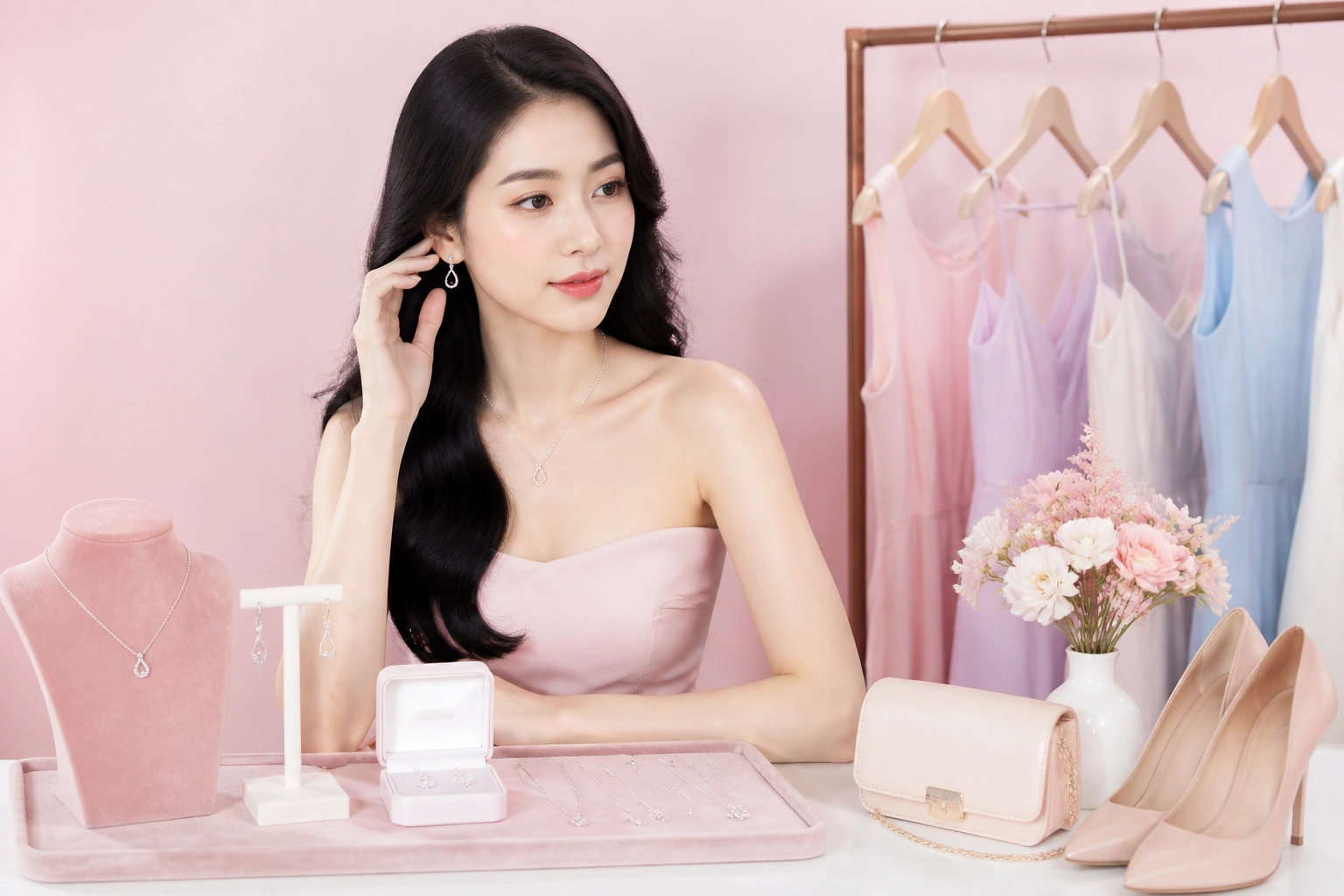 Cách chọn dây chuyền và khuyên tai bạc cho váy đơn sắc màu pastel