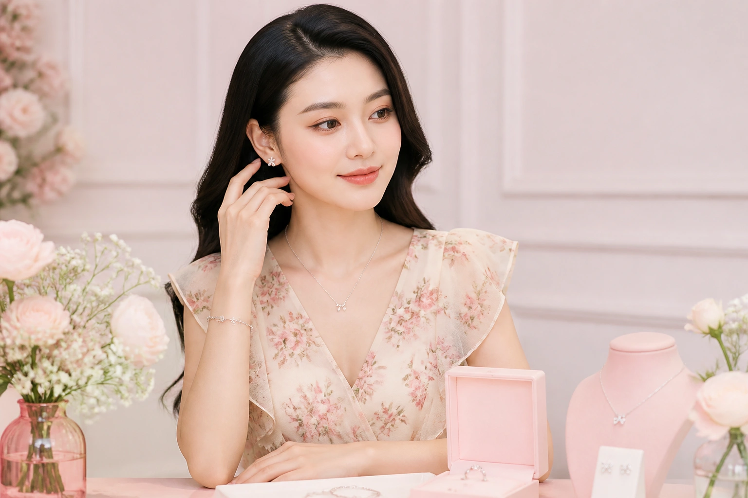 Cách chọn trang sức bạc tối giản cho váy hoa tiết