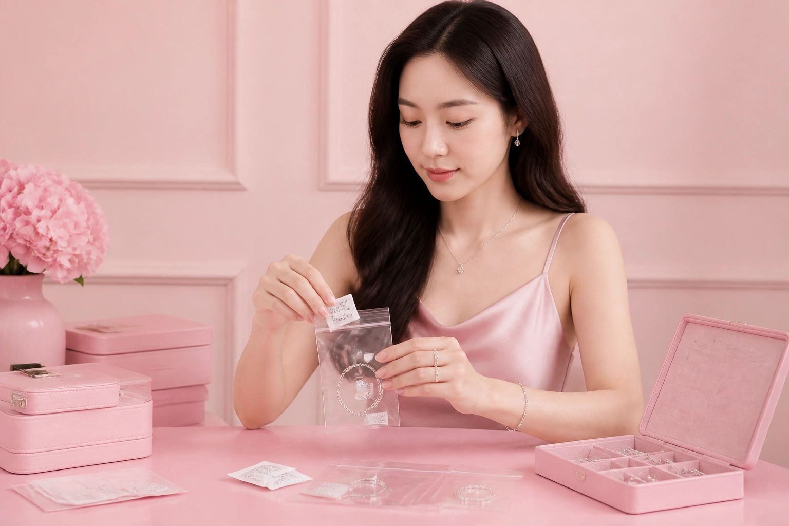 Cách sắp xếp túi zip và hạt hút ẩm chuyên dụng cho trang sức bạc]