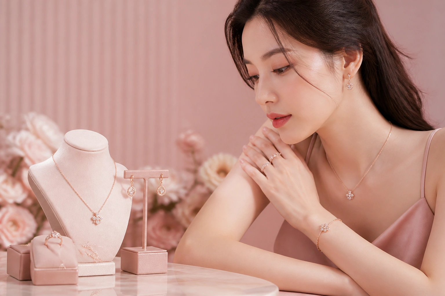Cận cảnh ánh sáng hồng ấm áp của trang sức bạc rose gold tại dnj