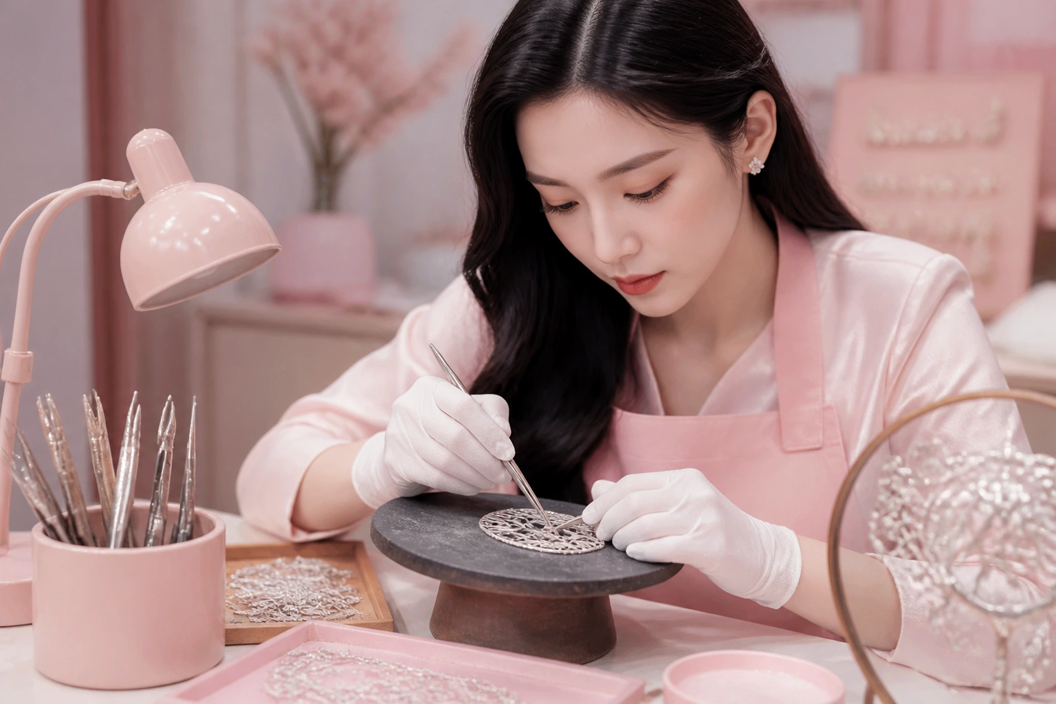 Cận cảnh các sợi tơ bạc đang được nghệ nhân uốn theo kỹ thuật filigree