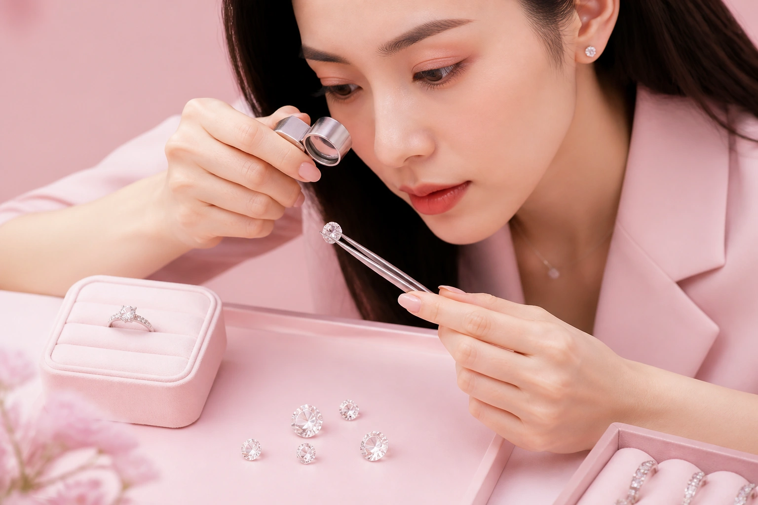 Cận cảnh các viên đá cz cao cấp tại DNJ Silver dưới kính lúp
