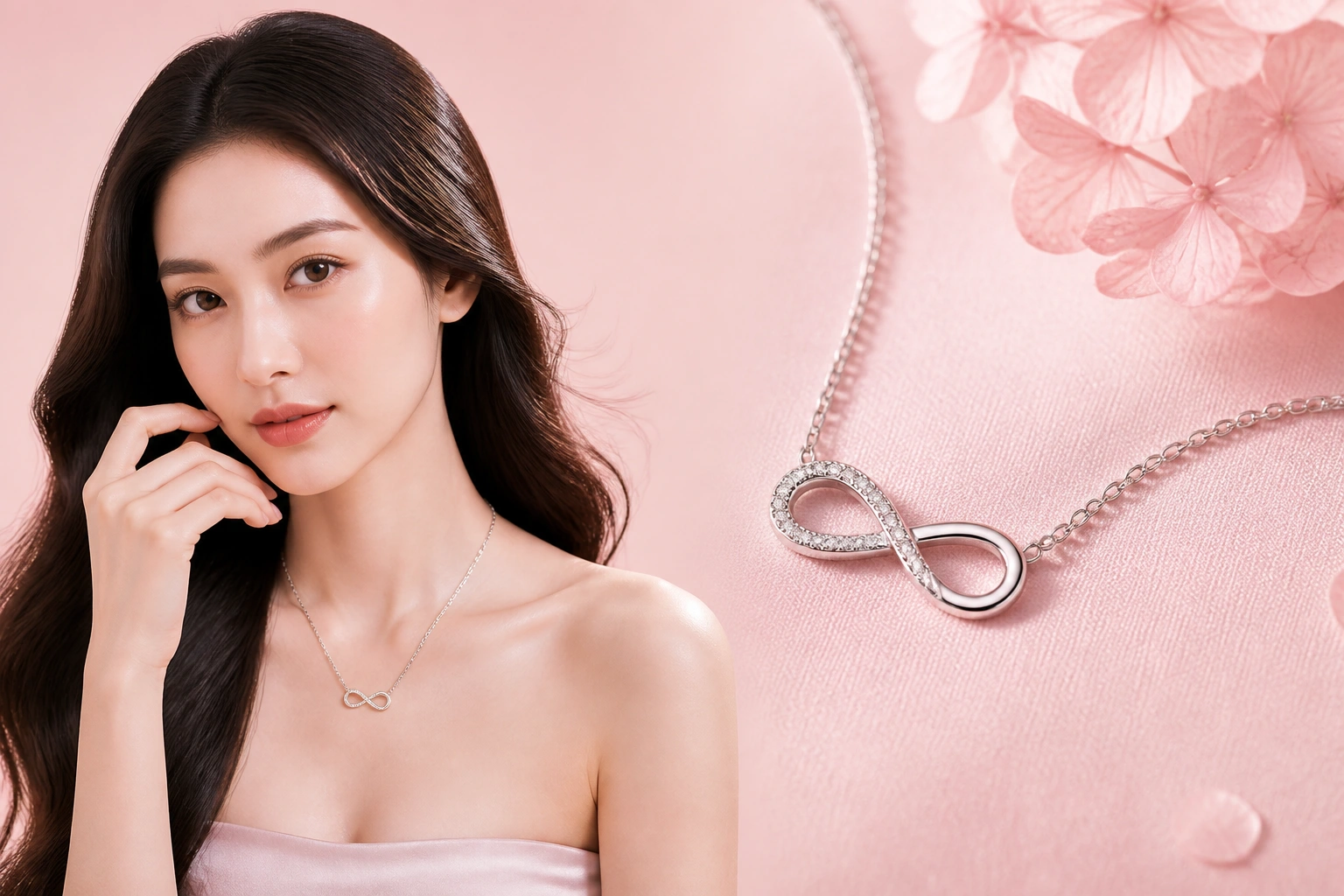 Cận cảnh dây chuyền bạc biểu tượng vô cực phủ bạch kim