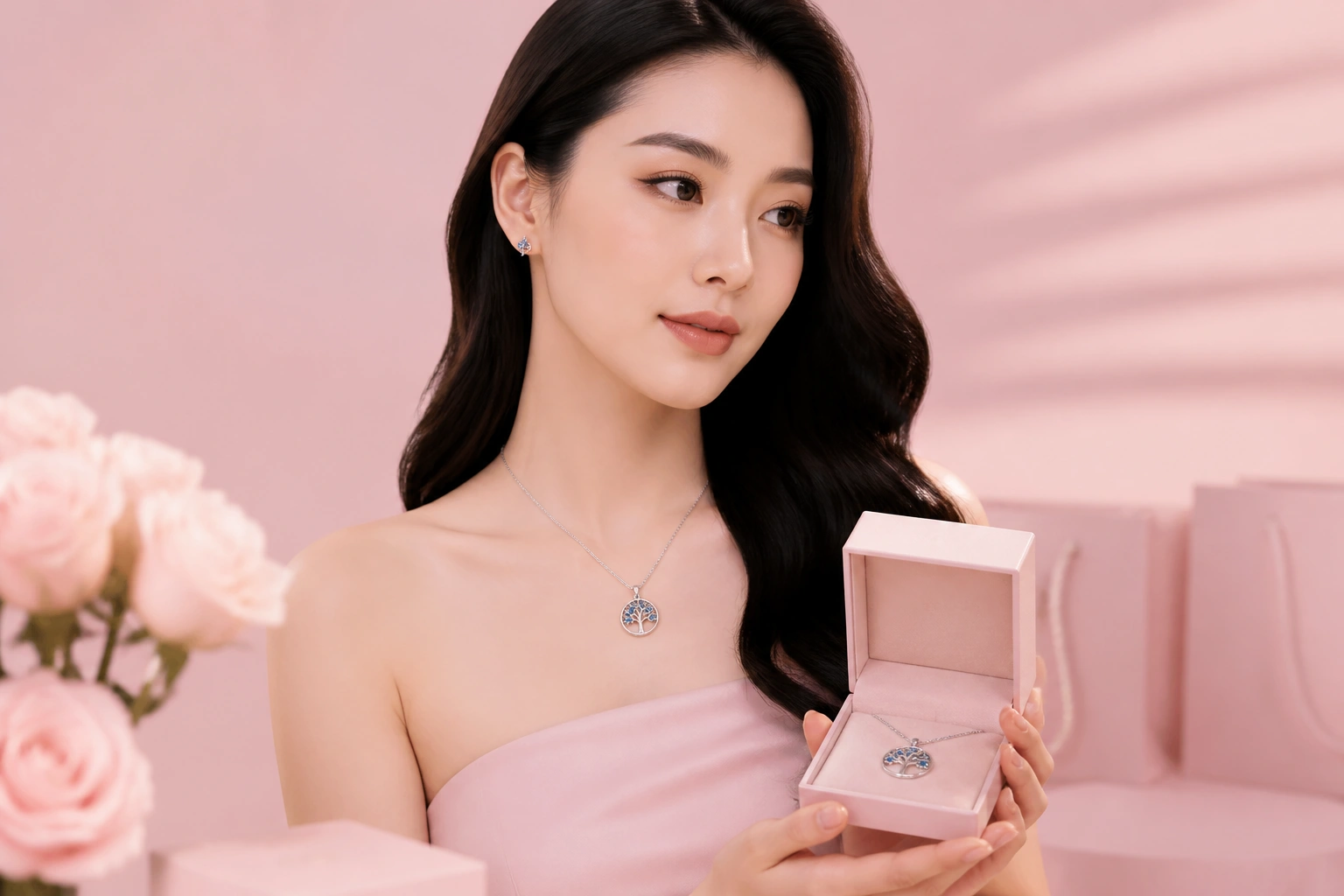 Cận cảnh dây chuyền bạc Tree of Life đính đá xanh - món quà được yêu thích nhất