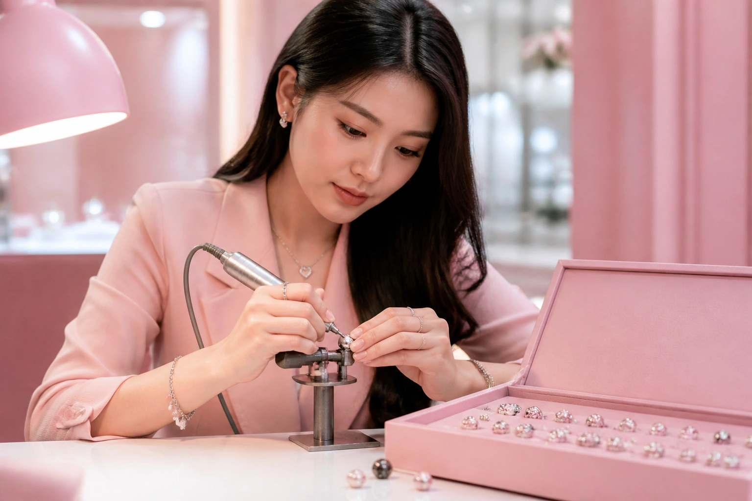 Cận cảnh dịch vụ khắc chữ lên hạt charm bạc tại cửa hàng