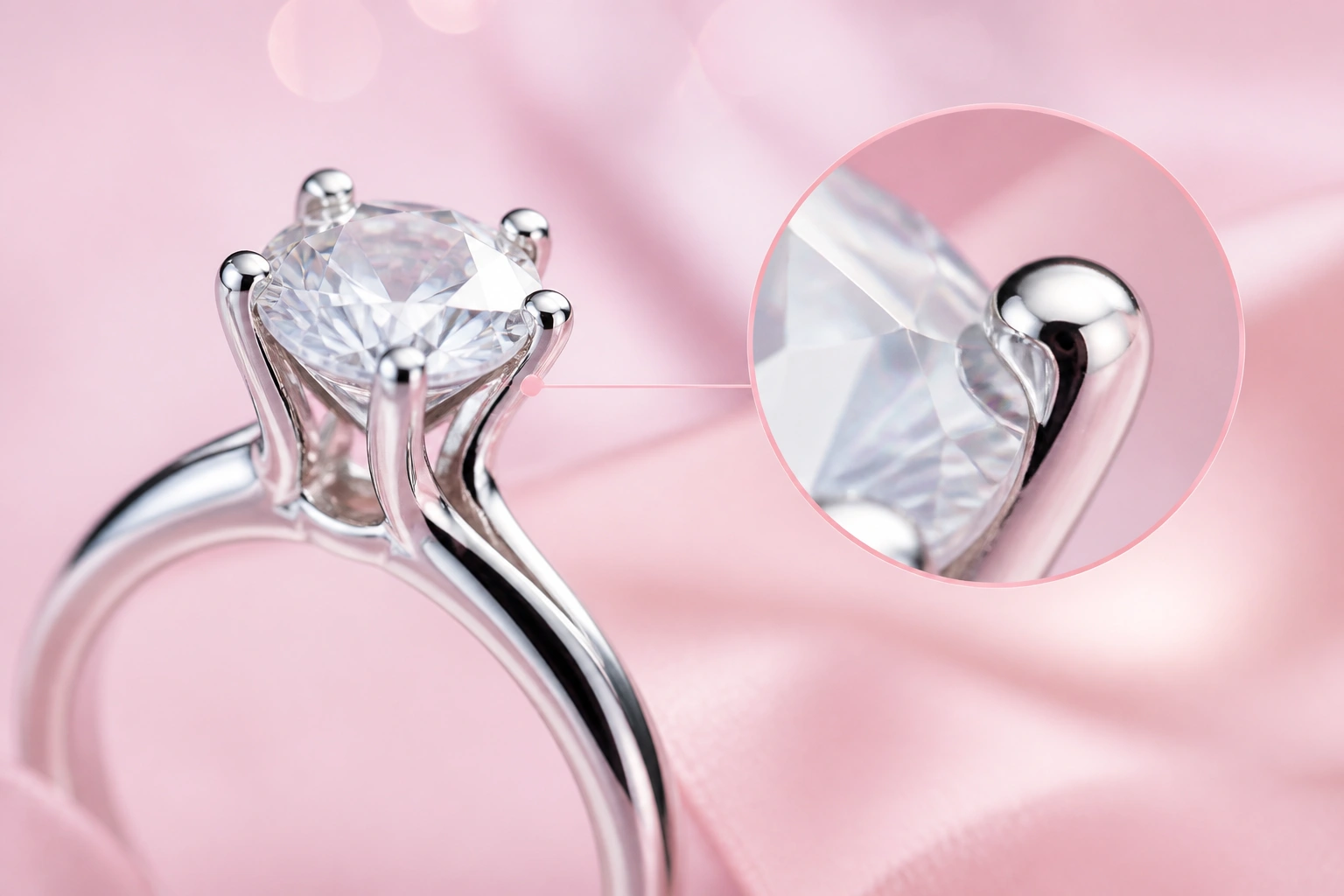 Cận cảnh điểm tiếp giáp giữa chấu bạc và cạnh đá moissanite