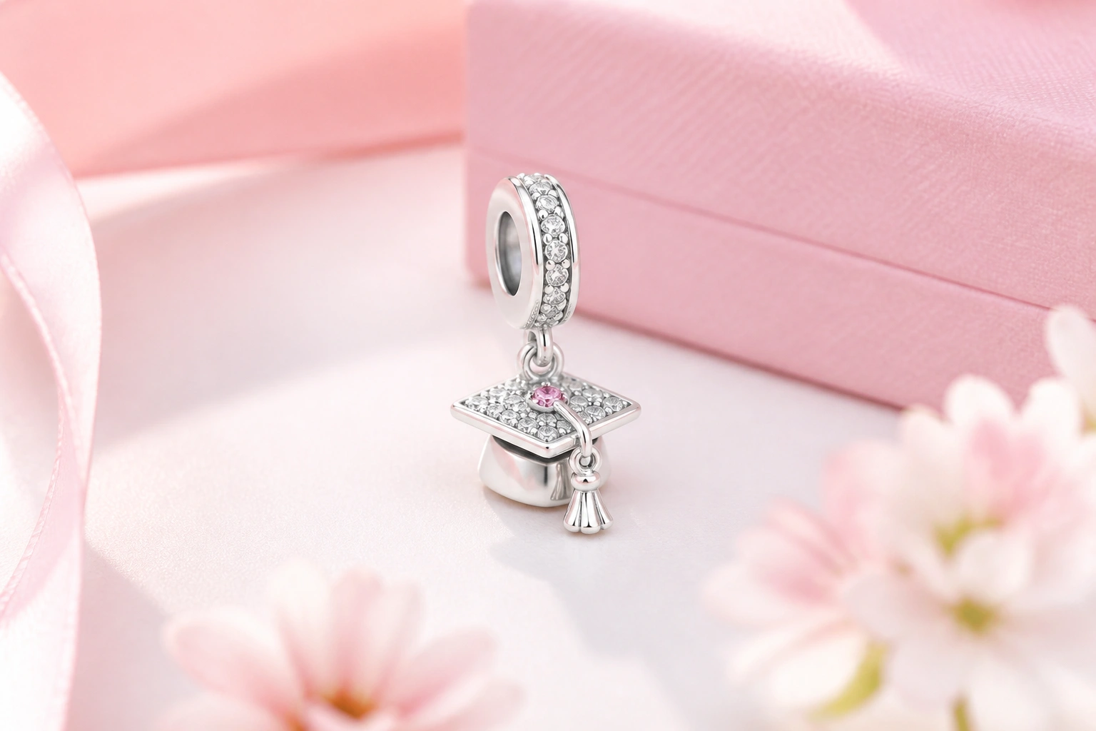 Cận cảnh mẫu charm mũ cử nhân bạc ý nạm đá cz rực rỡ