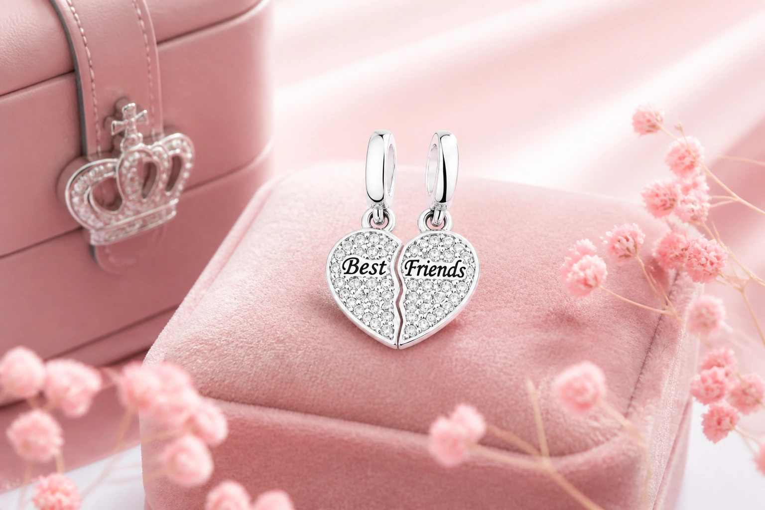 Cận cảnh mẫu charm trái tim tách đôi best friends nạm đá rực rỡ