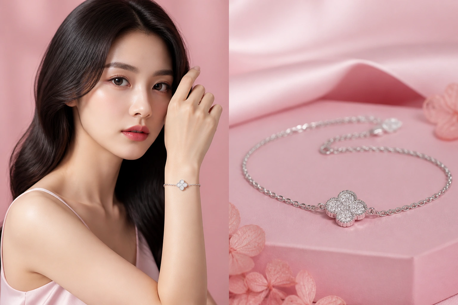 Cận cảnh mẫu lắc tay bạc hình cỏ bốn lá đính đá cz trắng