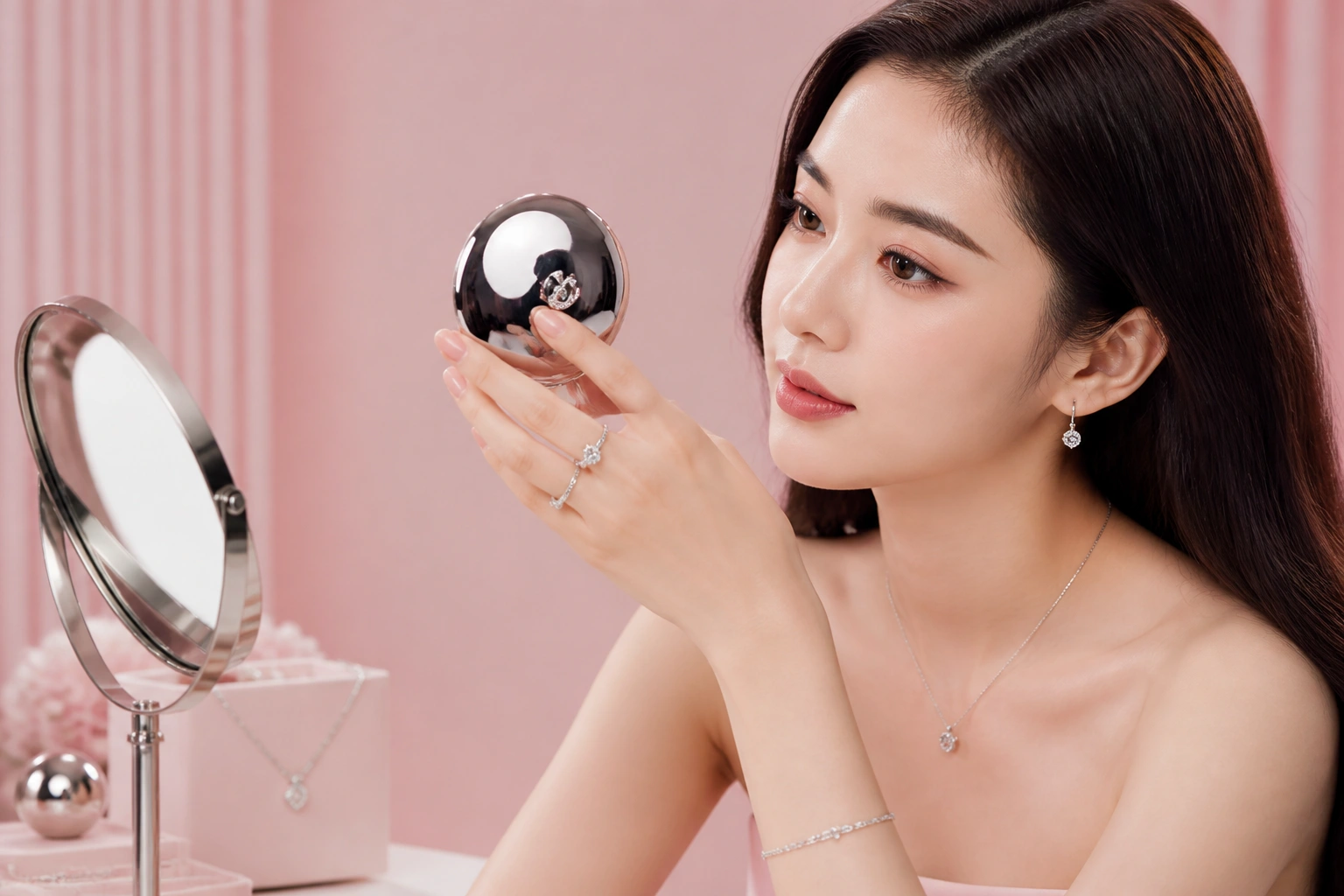 Cận cảnh độ bóng gương của trang sức bạc DNJ Silver phủ rhodium