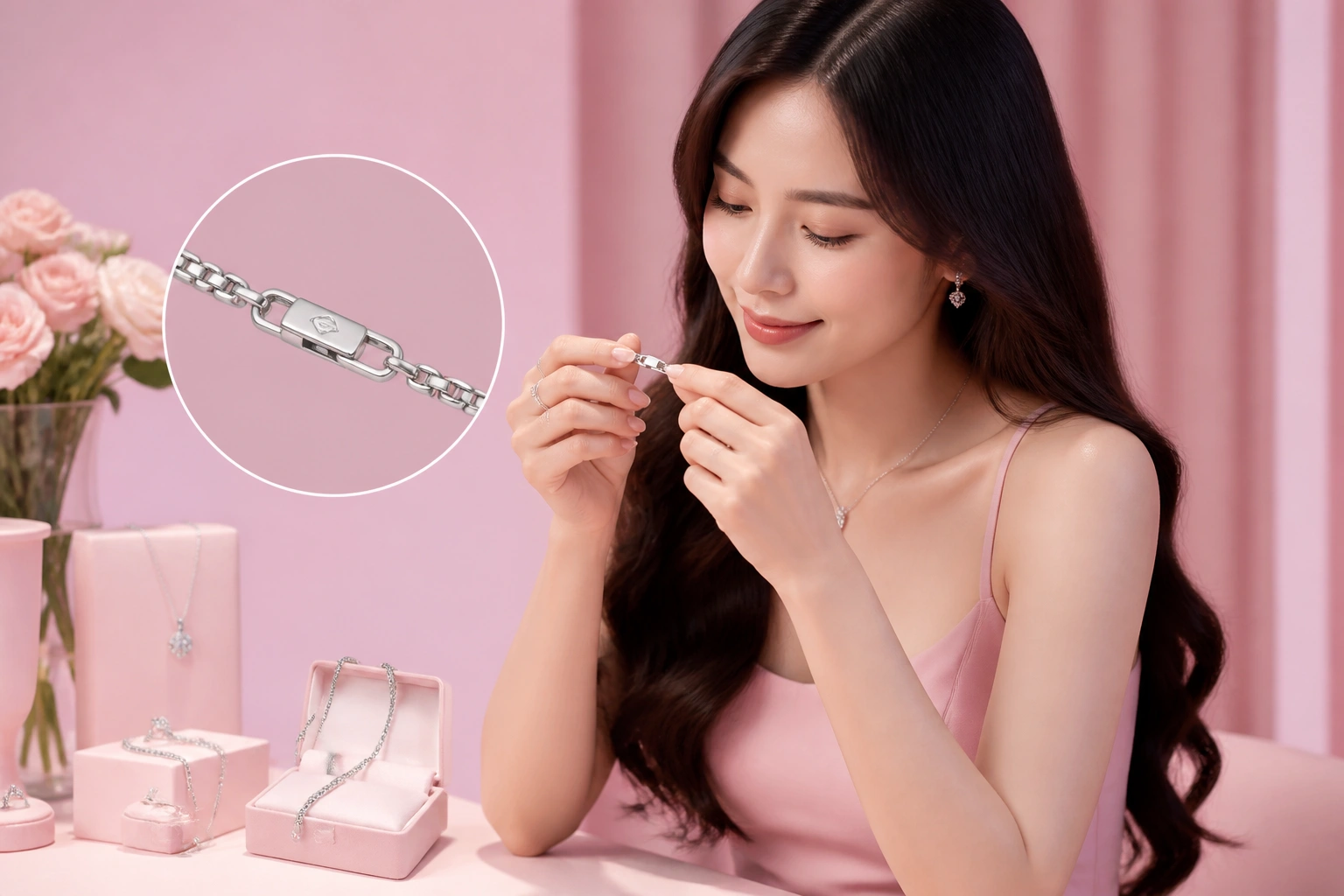 Cận cảnh độ tinh xảo của khóa bấm phủ bạch kim tại dnj