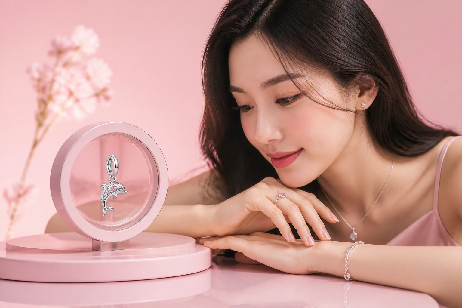 Cận cảnh độ tinh xảo của viên charm cá heo nạm đá tại dnj
