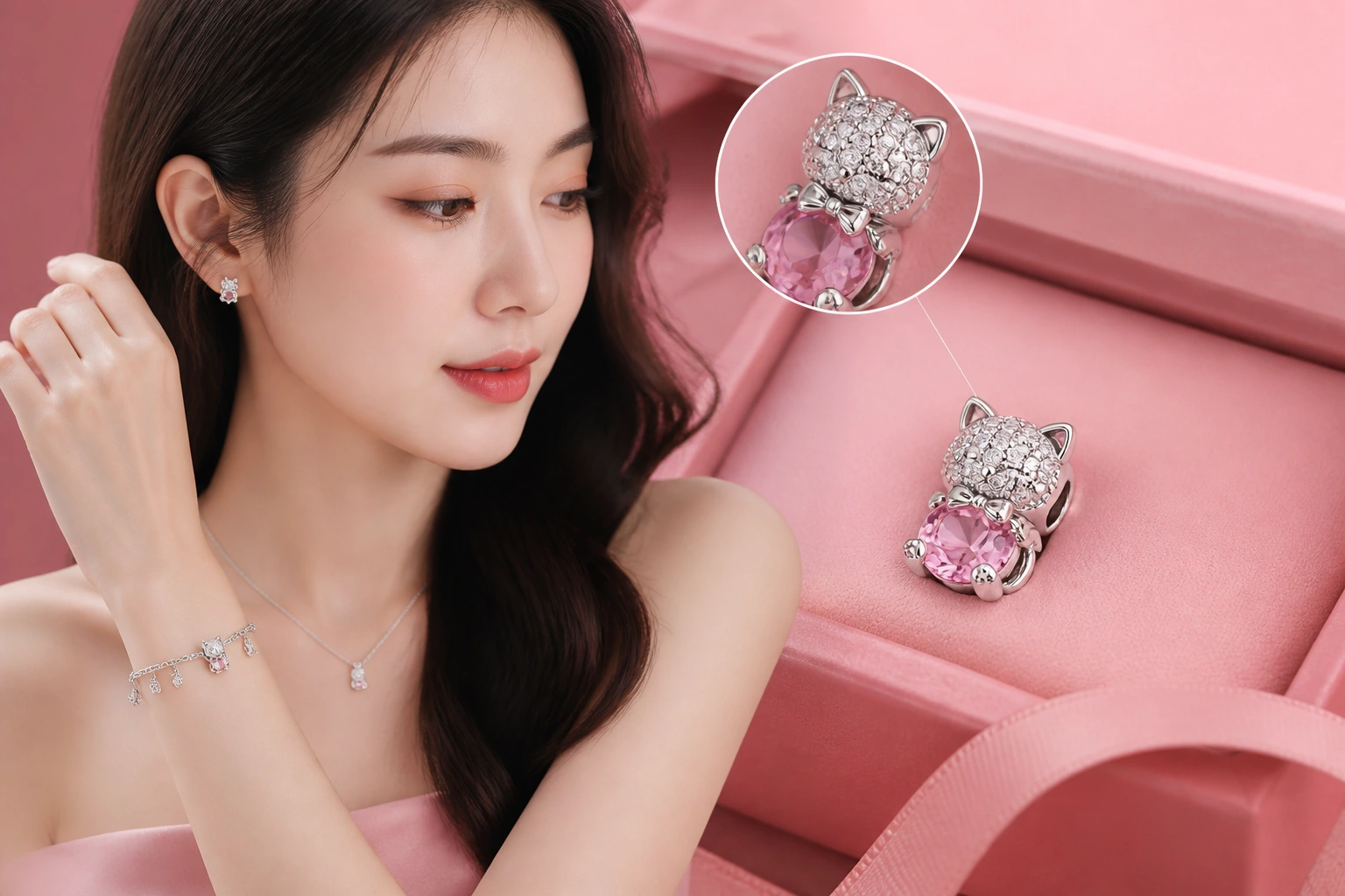 Cận cảnh độ tinh xảo của viên charm hình chú mèo nạm đá tại DNJ Silver