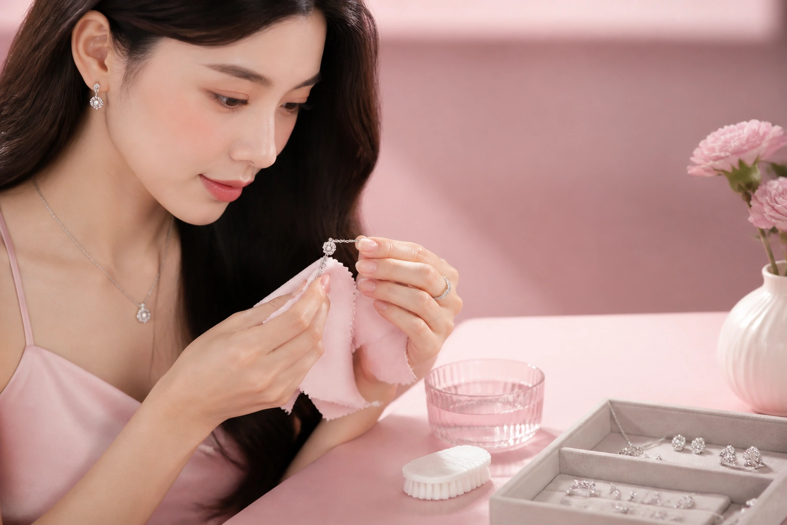 Cận cảnh trang sức bạc trắng sáng khi được vệ sinh định kỳ đúng cách
