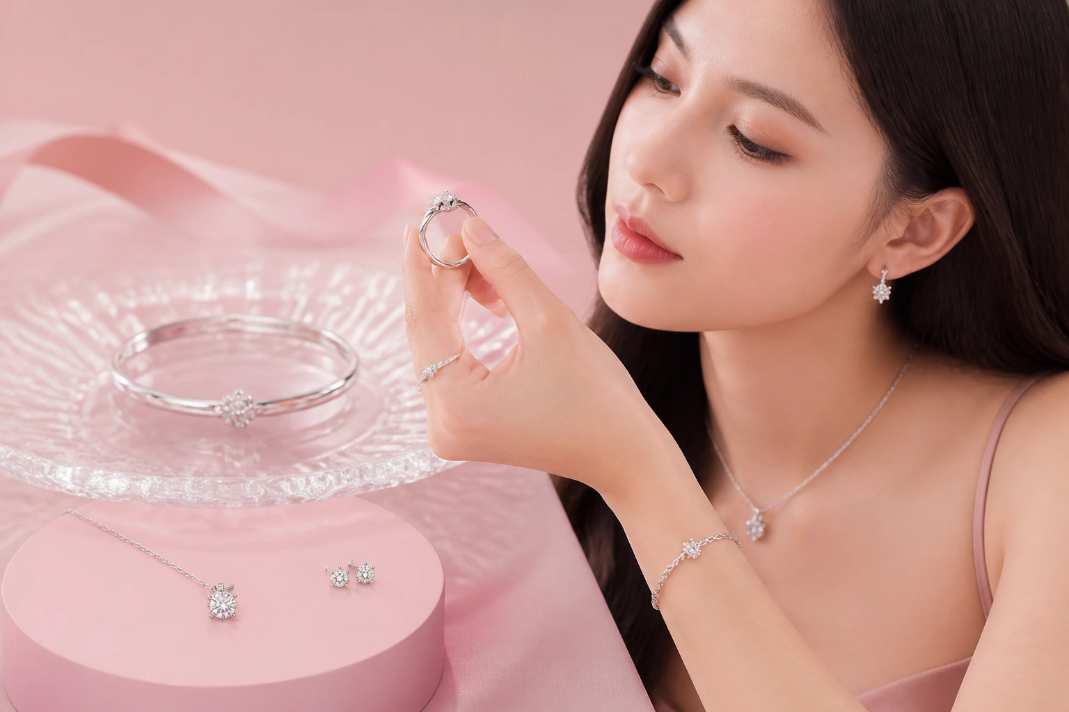 Cận cảnh trang sức bạc được phủ Rhodium sáng bóng tại DNJ Silver