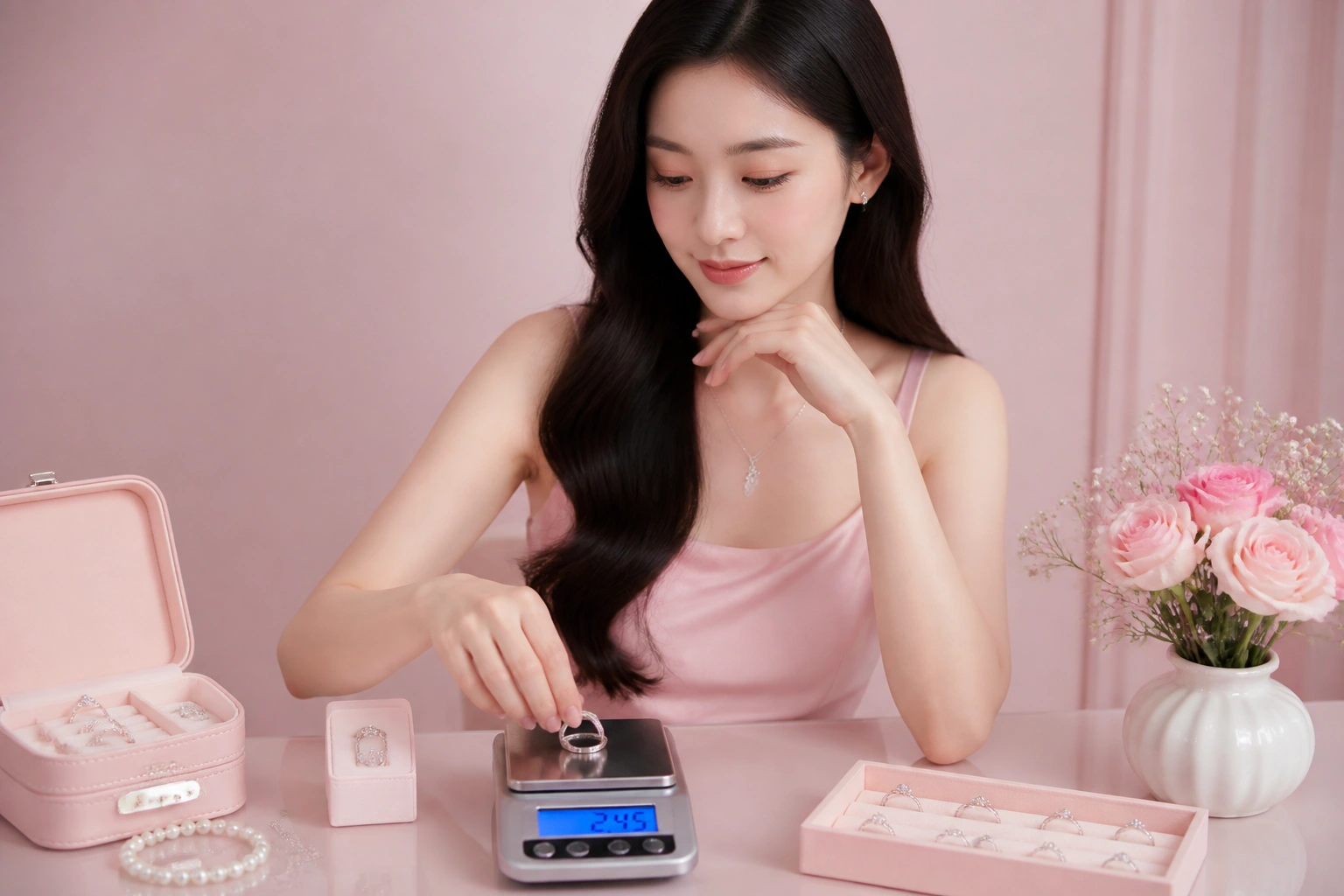 Cân điện tử hiển thị trọng lượng chính xác của nhẫn bạc dnj