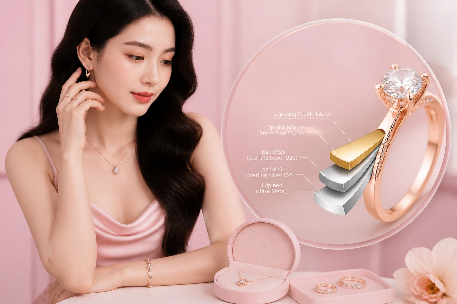 Cấu trúc lớp mạ vàng trên trang sức bạc S925 cao cấp
