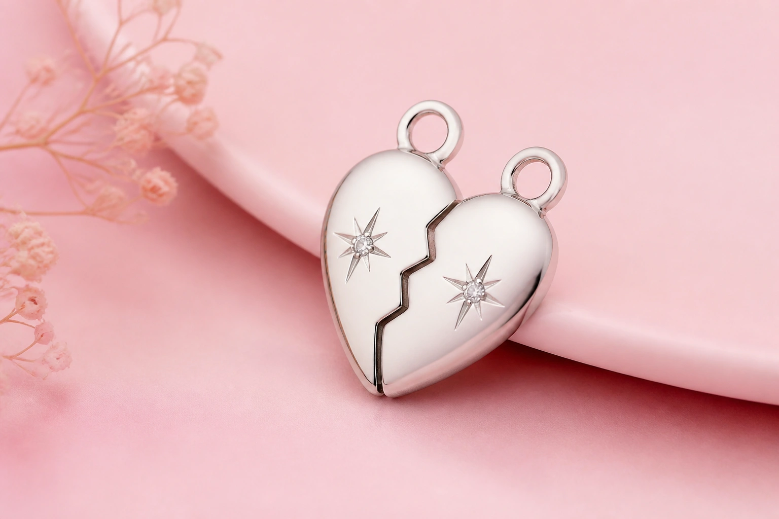 Chi tiết cận cảnh mẫu charm trái tim tách đôi phủ bạch kim