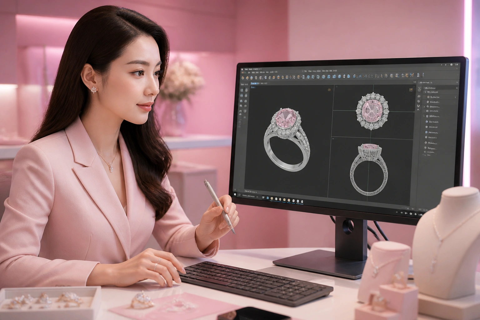 Giao diện phần mềm thiết kế trang sức 3d với các chi tiết tinh xảo