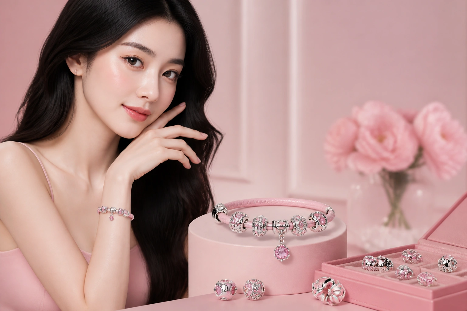 Gợi ý bố cục phối charm đối xứng trên nền vòng da trơn