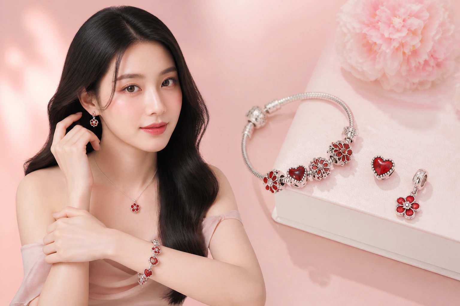 Gợi ý các mẫu charm biểu tượng trái tim và hoa mẫu đơn sắc đỏ