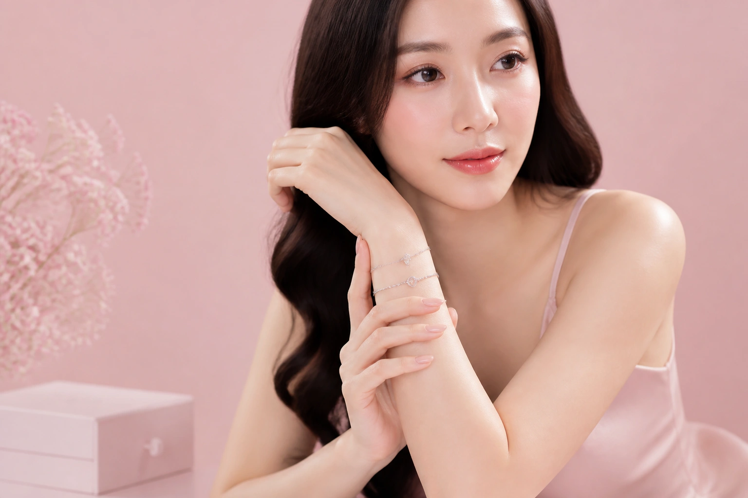 bộ sưu tập vòng tay bạc DNJ Silver đeo vừa vặn trên cổ tay người mẫu