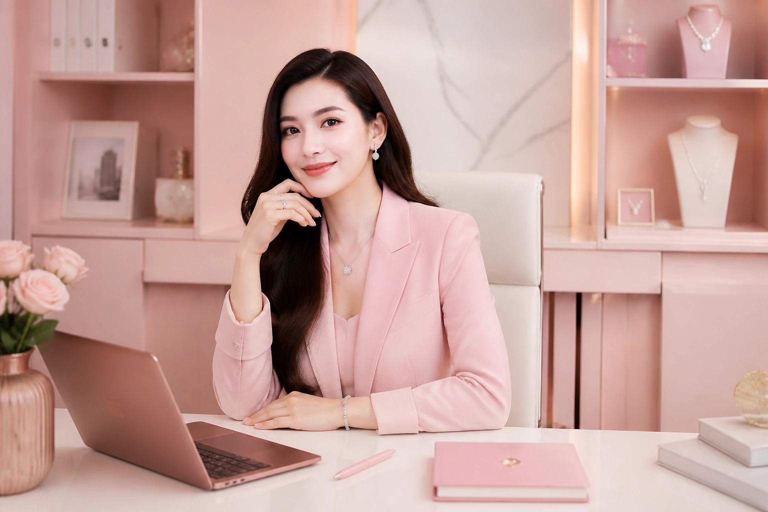sếp nữ thanh lịch phối cùng bộ trang sức bạc DNJ trong phòng làm việc