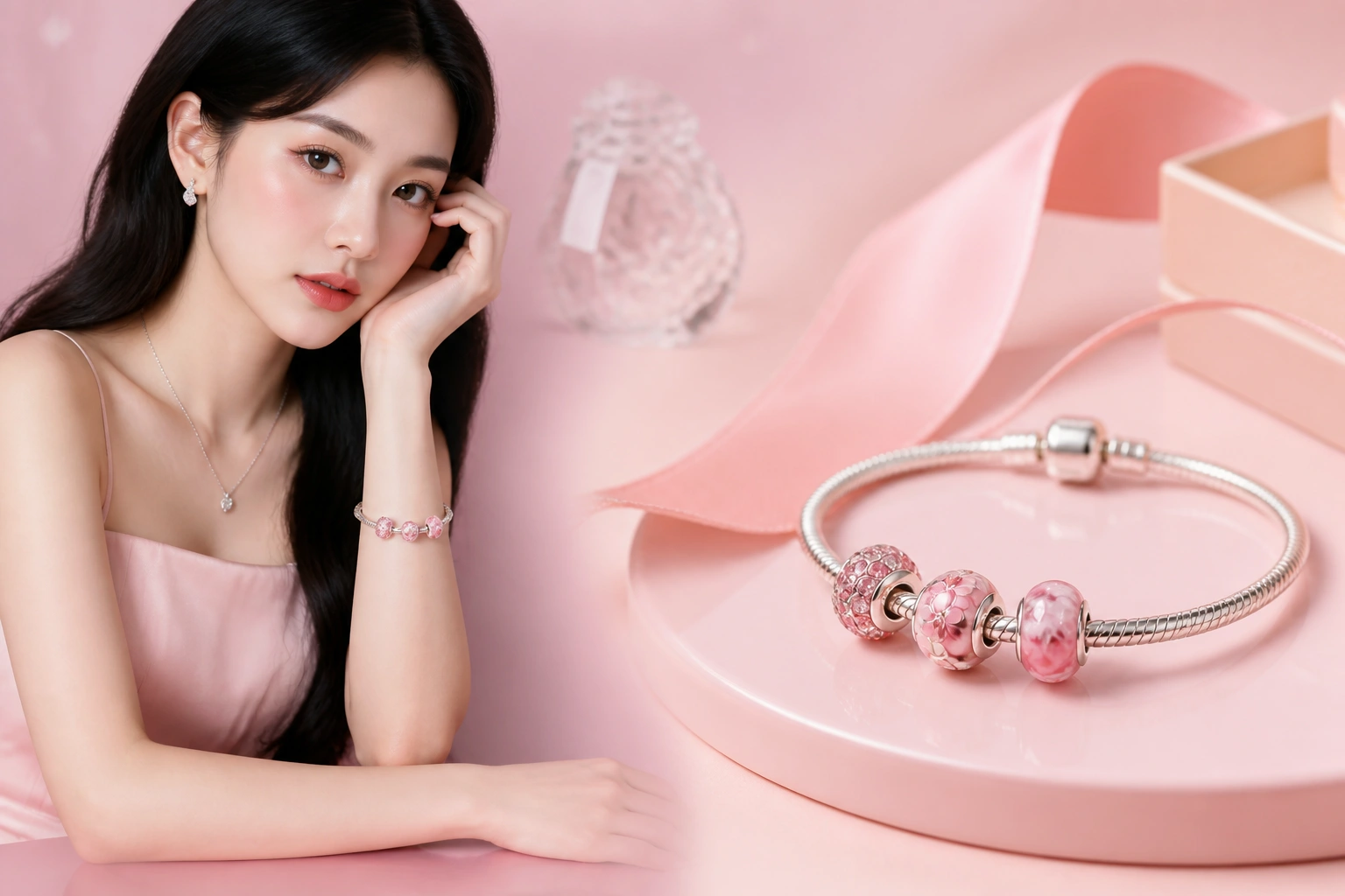 vòng Charm DNJ phối 3 hạt charm theo tone màu hồng ngọt ngào