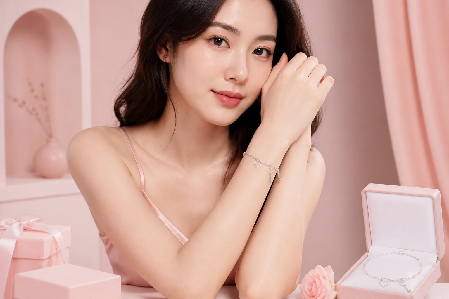 Mẫu lắc tay bạc đính charm chìa khóa và trái tim tinh xảo