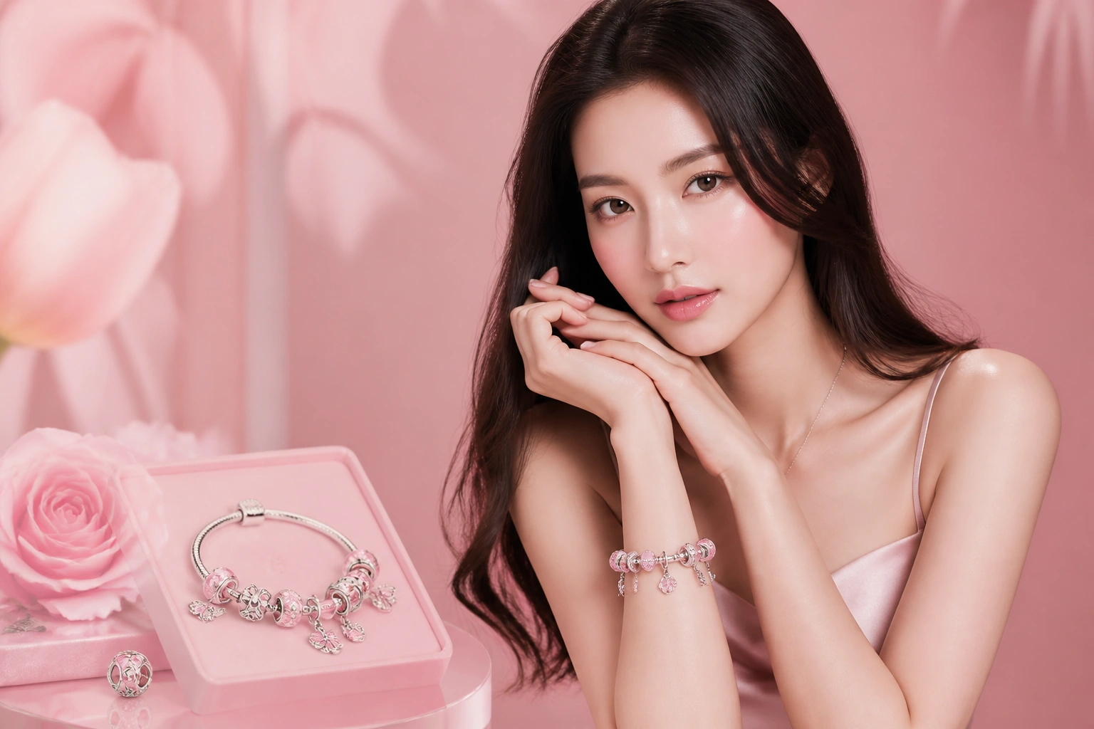 Mẫu vòng Charm bạc DNJ thiết kế lãng mạn với tông màu hồng thạch anh chủ đạo