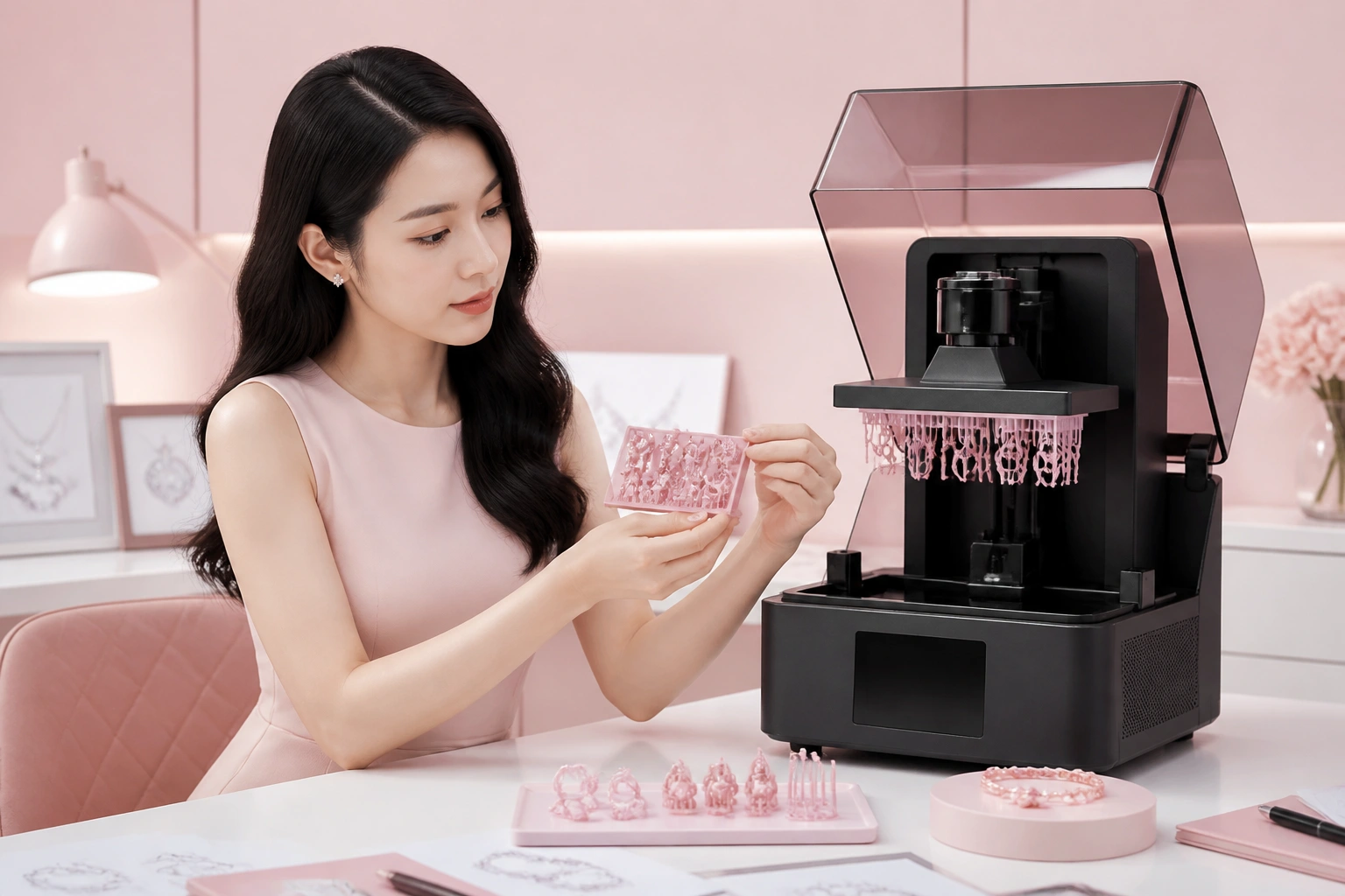 Máy in 3d công nghệ resin đang tạo mẫu sáp cho vòng charm