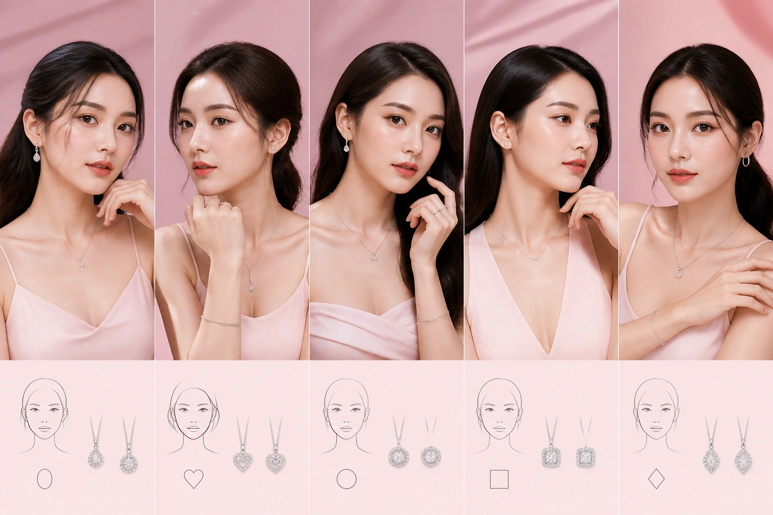 Minh họa các dáng mặt phổ biến và cách phối trang sức bạc tương ứng