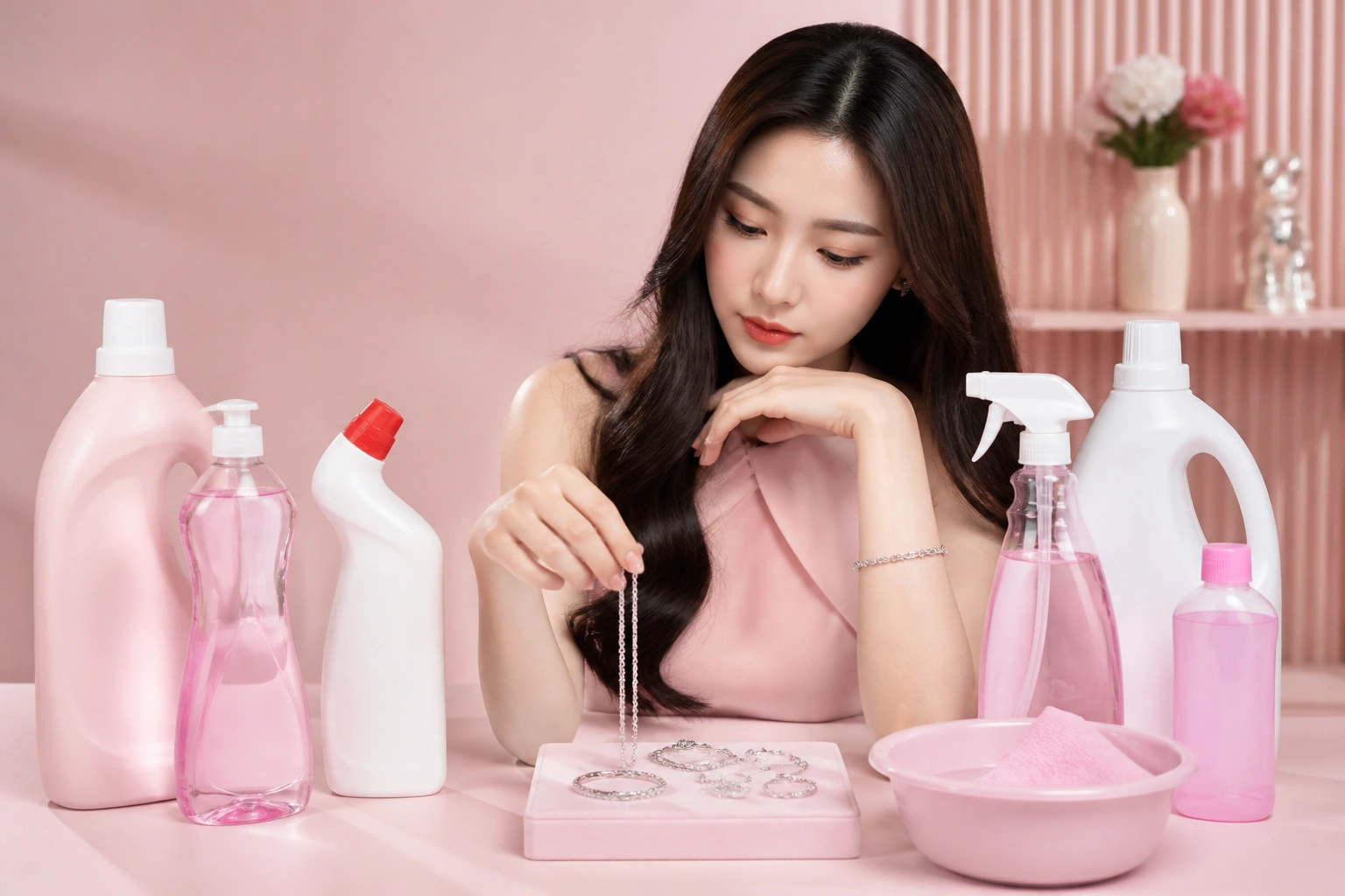 Minh họa các loại chất tẩy rửa gia dụng gây hại cho trang sức bạc