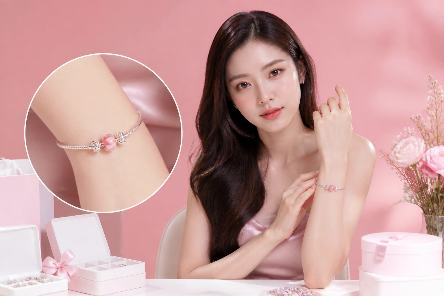 Minh họa cách đặt hạt Charm chủ đạo tại vị trí trung tâm vòng tay bạc DNJ