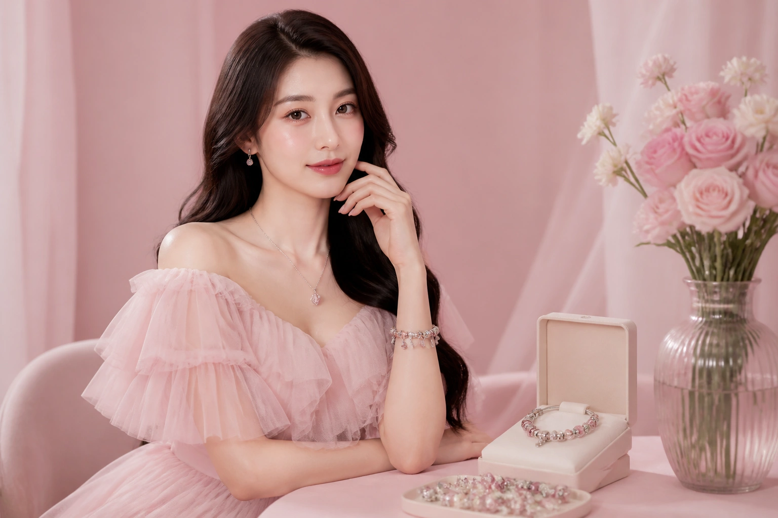 Cách mix charm pastel với trang phục váy voan bồng bềnh