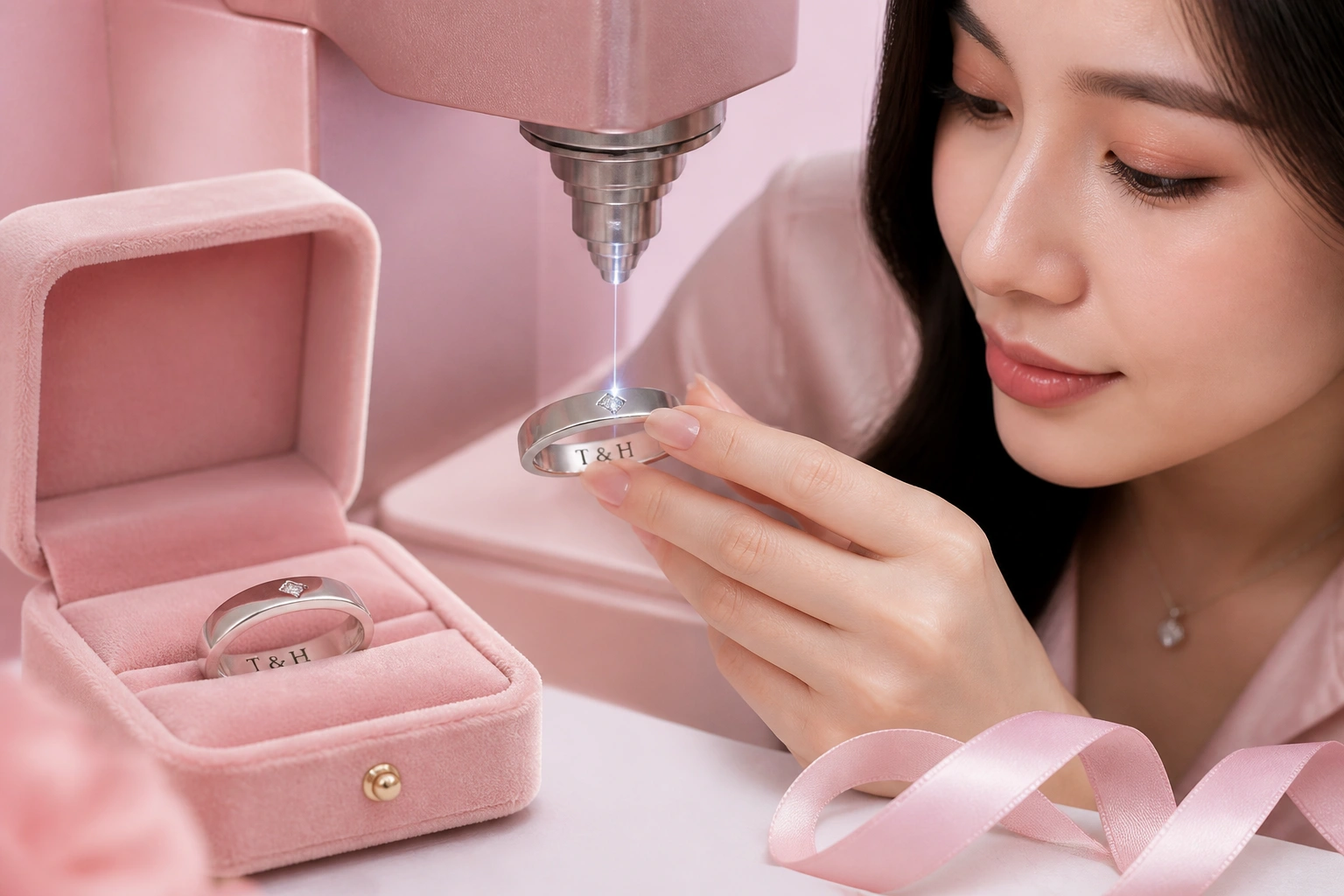 Minh họa dịch vụ khắc tên laser tinh xảo trên nhẫn đôi bạc