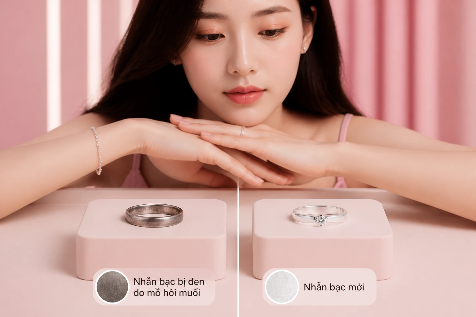 Minh họa nhẫn bạc bị xỉn đen do tác động của mồ hôi muối