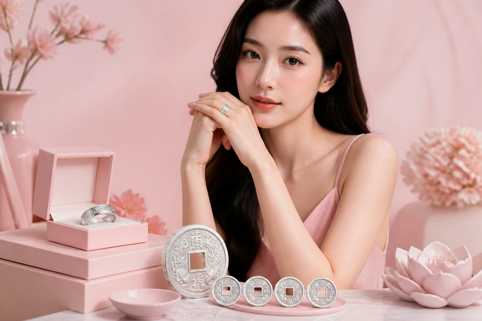 Minh họa nhẫn bạc ta đúc nguyên khối và các đồng tiền bạc phong thủy