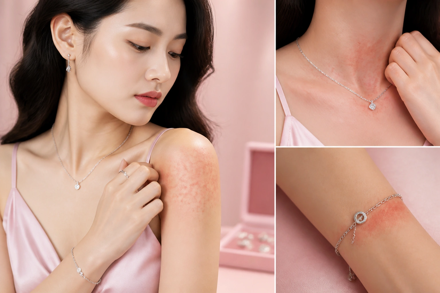 Minh họa phản ứng dị ứng da khi đeo trang sức bạc chứa Niken và Chì